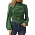 Dark green long sleeve mock neck ruched slim top detail view showing stylish texture and fit. - Army Green