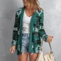 Cardigan detail view, geometric knit pattern, long sleeve outerwear, casual style showcase. - S / Tops / Green