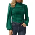 Close-up of the green long sleeve high neck ruched top, showing lantern sleeves and slim fit. - Dark Green