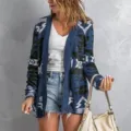 Close-up detail of women's geometric print knit cardigan, casual autumn long sleeve sweater. - S / Tops / Blue