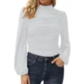 Women's long sleeve mock neck ruched slim fit solid color casual t-shirt top white - S / Tops / White