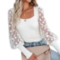 Dames wit vierkante hals mesh stippen lange mouwen geribbelde top casual blouse - S / Tops / Wit
