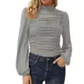 Detail view of ruched mock neck long sleeve top detail showing elegant lantern sleeves - S / Tops / Mixed Grey