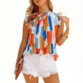 Detailed view of women colorful abstract printed sleeveless chiffon top with ruffle mock neck. - S / Tops / Red