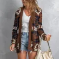 Women geometric print open front knit cardigan, casual long sleeve cozy sweater outerwear. - S / Tops / Coffee