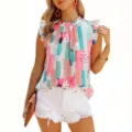 Women Summer Sleeveless Ruffle Trim Abstract Print Chiffon Top Casual Loose Blouse - S / Tops / Pink