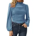 Women solid color mock neck long puff sleeve ruched slim fit casual t-shirt top chic - Sky Blue