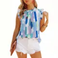 Abstract printed ruffle sleeve sleeveless blouse, elegant casual summer top for women. - Sky Blue