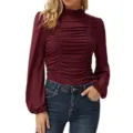 Women solid color mock neck long sleeve ruched slim fit casual t-shirt top apparel. - Burgundy