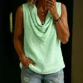 Casual women's summer cowl neck sleeveless linen top, stylish apparel for daily wear. - S / Tops / Green