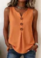 Detailed view of women sleeveless V-neck top with wooden front buttons and pleated hem. - S / Tops / Yellow