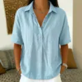 Casual light blue women short sleeve lapel V-neck loose t-shirt detail showing comfortable daily wear - Sky Blue