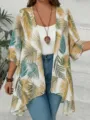 Detail view of women's tropical palm leaf print chiffon cardigan lightweight summer beach cover up - S / Tops / Khaki