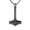 Vintage Viking Mjolnir Thor Hammer Pendant Necklace Stainless Steel Men's Jewelry - Silver (With Chain)