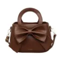 Brown PU leather handbag with large bow, stylish top handle shoulder crossbody bag. - Brown