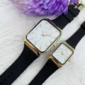 Orologio di coppia quadrato con cassa dorata e cinturino in silicone nero, chic. - modello femminile / Quadrante Bianco Cinturino Nero (Donne)
