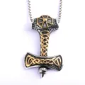Stainless steel mens Viking Thor hammer pendant necklace retro silver and gold jewelry - With 60cm Chain / Two-Tone Gold and Silver