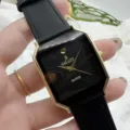 Men quartz watch black square dial gold bezel leather strap vintage style classy timepiece - Black Dial Black Strap
