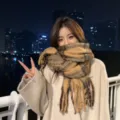 Trendy winter plaid cashmere-feel scarf, thick warm cozy oversized wrap for women. - Maillard Style - Brown & Coffee