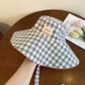 Cappello a secchiello a quadri blu e bianco stile giapponese estate carino protezione solare - Quadri blu