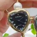 Montre bracelet quartz en forme de cœur avec perle et strass scintillants pour femmes. - Cœur-Tout Or Cadran Noir