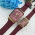 Ensemble montre quartz couple boîtier or rectangulaire, bracelet silicone bordeaux et index. - Cadran Rouge Vin Bracelet Rouge Vin (Hommes)