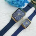 Ensemble de montres à quartz tendance avec boîtier doré carré et bracelet en silicone bleu. - Cadran Bleu Bracelet Bleu (Hommes)