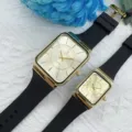 Paar Quarz Armbanduhr Set mit quadratischem Gold Gehäuse und schwarzem Silikonarmband Modisch. - Goldenes Zifferblatt Schwarzes Armband (Herren)