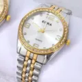 Klassische zweifarbige Quarzuhr mit Strass-Lünette, weißem Zifferblatt und Edelstahlarmband. - Bicolor Weißes Zifferblatt