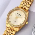 Herren Gold Quarzuhr mit Stahlarmband, Strass Lünette und elegantem Zifferblatt. - Gold Goldenes Zifferblatt