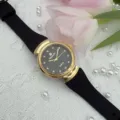 Vintage style women quartz watch with black silicone strap, rhinestone dial and gold case. - Black Dial Black Strap - Women
