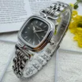 Women vintage square dial watch with stainless steel strap waterproof quartz wristwatch - Silver Case Black Dial