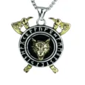 Vintage Wikinger Wolf Kopf Halskette Edelstahl Runen Schild Doppelaxt Schmuckvariante - Nur Anhänger (Ohne Kette) / Zweifarbiges Gold