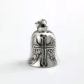Retro stainless steel guardian bell pendant with cross wings for motorcycle biker style. - Angel Wings Cross Bell-Antique Finish (06801) / Blackened Steel