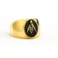 Vintage titanium steel men ring with masonic black signet design, glossy gold finish. - Size 9 / Gold and Black