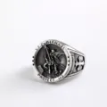 Vintage stainless steel St. Michael Archangel men ring with detailed dragon slaying relief. - Size 9 / 04603 Style / Steel