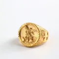 Vintage stainless steel ring for men featuring Archangel Michael relief design in gold finish. - Size 9 / 04611 Style / Gold