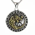 Retro Edelstahl Herrenanhänger mit Wikinger Wolfs Kopf und Runen Kreis Design. - Zweifarbig Gold - Mit Kette (01316)