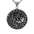 Retro edelstahl herren wikinger wolfskopf anhänger mit runen kreis und passender kette. - Silberton - Mit Kette (01316)