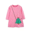 Abito rosa a maniche lunghe per ragazze con applicazione di albero di Natale festivo. - 2Y(90cm) / Vestiti