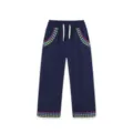 Kids girl straight trousers dark blue autumn pants with cute embroidery variant style - 2Y (90) / Bottoms