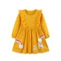 Süßes Kleinkinder Mädchen langarm gelbes Blumenkleid mit Einhorn Stickerei und Volants. - 2Y(90cm) / Kleider