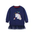 Süßes Kleinkind Mädchen dunkelblau Langarm Sweatshirt Kleid mit Einhorn Tüll Saum. - Oberteile / 2Y(90cm)
