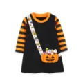 Kids Halloween long sleeve dress, black and orange striped cotton princess dress. - 2Y(90cm) / Dresses / Black Orange Striped Pumpkin