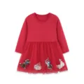 Red long sleeve toddler girls dress with cute cat embroidery and mesh tulle skirt variant. - Dresses / Red (1738) / 2Y(90cm)