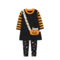 Kids Halloween outfit set featuring striped long sleeve top with pumpkin bag and spooky leggings. - 2Y(90) / Top And Bottom