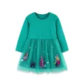 Leuke groene jurk met lange mouwen en tule voor meisjes met heks en kat borduurwerk. - 2Y(90cm) / Dresses / Groen