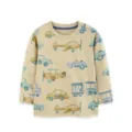 Camiseta de algodón de manga cuello redondo con estampado de coche y avión acuarela vintage. - Tops / Beige / 2Y(90cm)