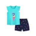 Girls Summer Unicorn Print Sleeveless Top And Shorts Set In Turquoise And Dark Blue - Style 1 / 2Y(90cm)
