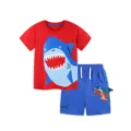 Kids summer short sleeve t-shirt and shorts set featuring cute cartoon shark design. - 2Y(90cm) / Top And Bottom